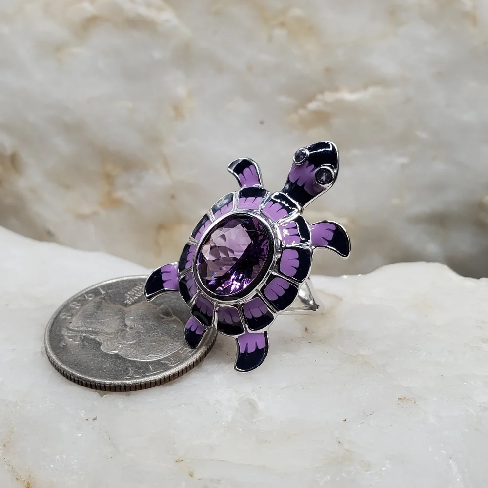 Solid Sterling Silver 925 Large Genuine Amethyst Gemstone Turtle Jewelry